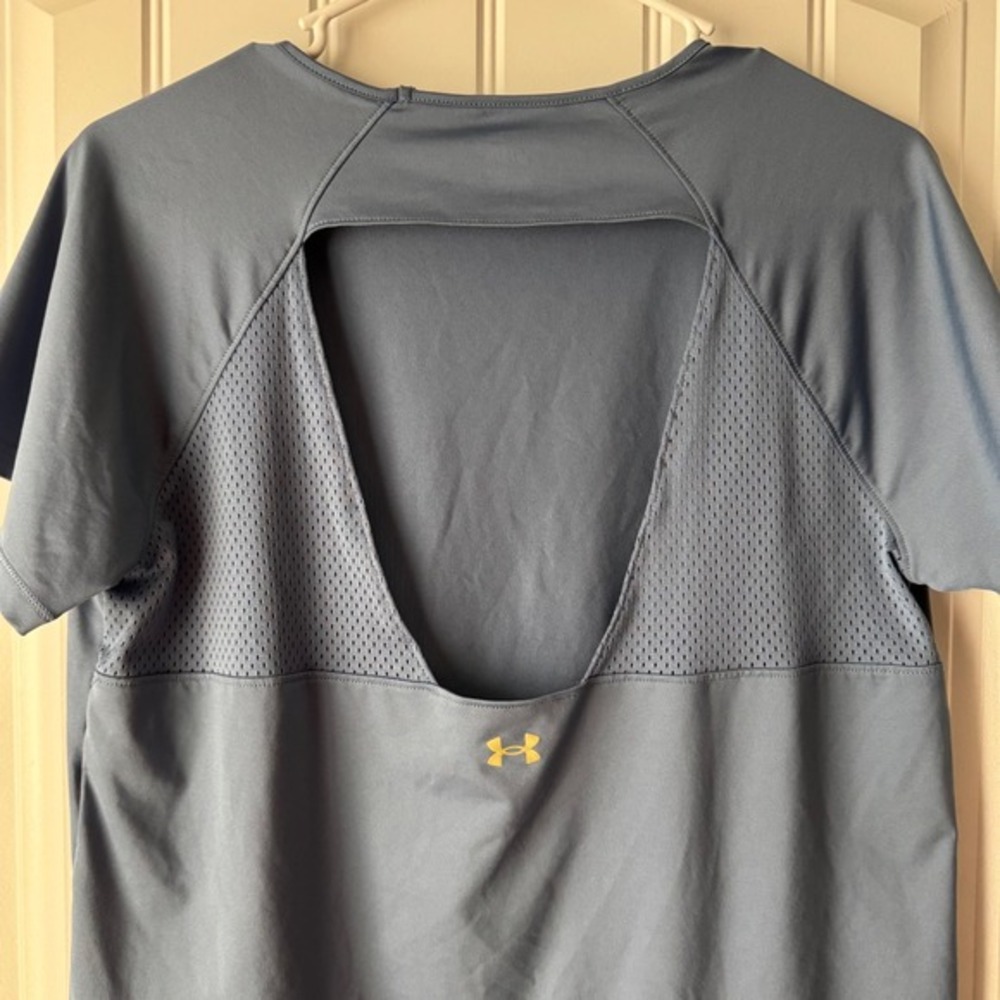Under Armour Womens Blue Mesh Panel Open Back Short Sleeve Workout‎ Top Large - Picture 6 of 9